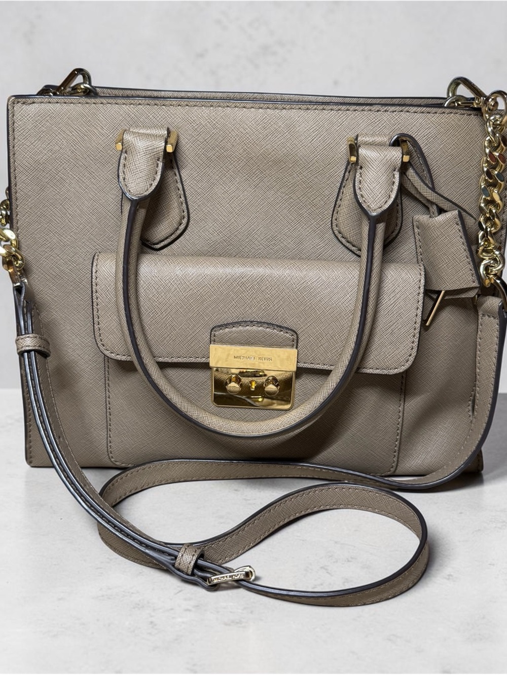 Michael Kors Bridgette Medium Taupe Saffiano Tote with Gold Hardware
